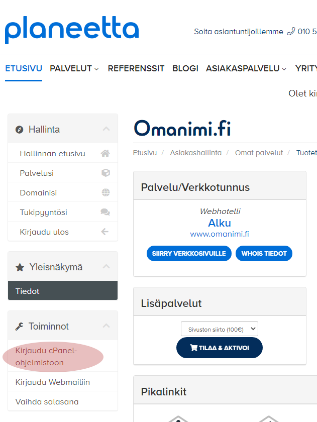 Kirjaudu cPanel-ohjelmistoon