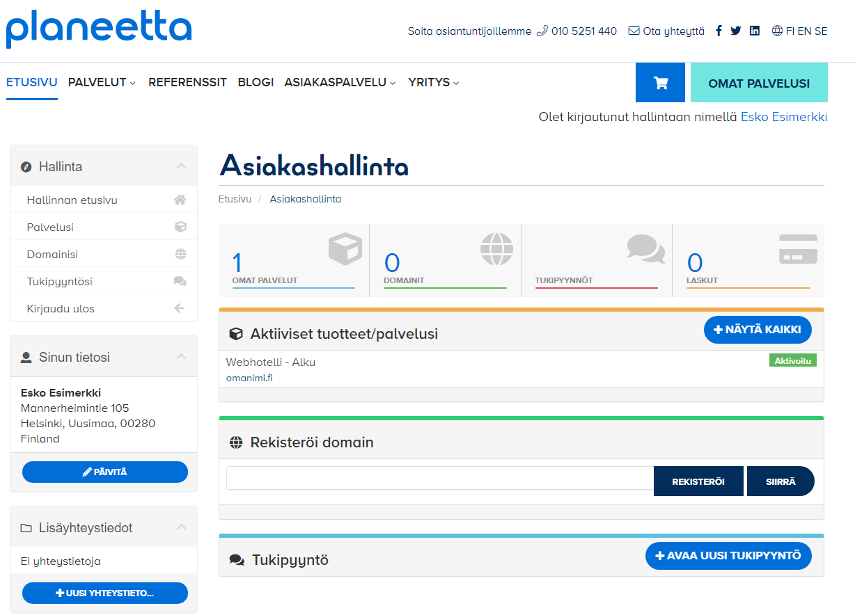 Valitse hallintapaneelin etusivulla “Palvelut” tai valikosta Hallinta -> Omat palvelut