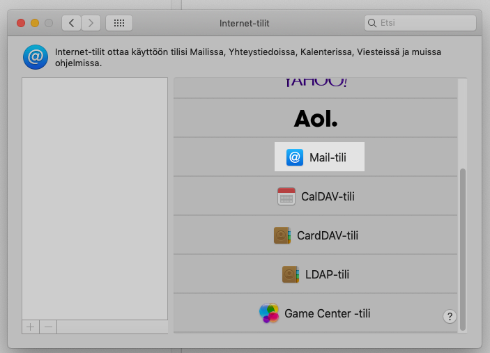 Valitse tilin tyypiksi Mail-tili.