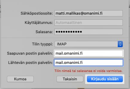 Mikäli sähköpostiohjelma ei tunnista sähköpostiasetuksia automaattisesti, tulee syöttää saapuvan että lähtevän postin palvelin manuaalisesti