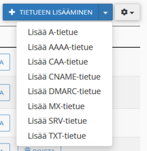 Voit lisätä uuden tietueen valitsemalla Tietueen lisääminen pudotusvalikosta tietuetyypin.