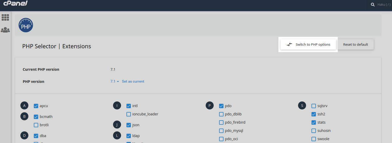 Voit vaihtaa tärkeimpiä PHP-asetuksia valitsemalla tässä näkymässä oikeasta yläkulmasta valinnan Switch to PHP options.