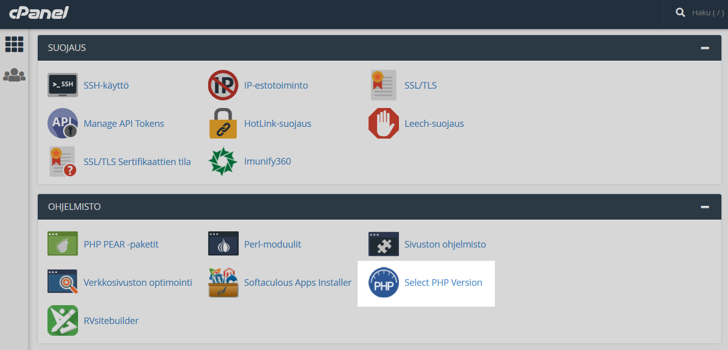 Voit vaihtaa PHP-version cPanelista kohdasta Ohjelmisto -> Select PHP Version.