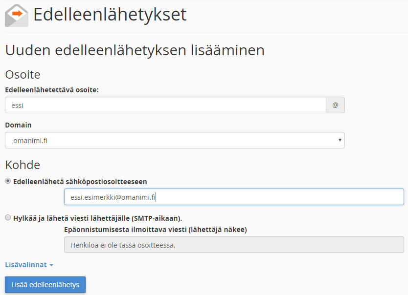 Valitse cPanel-hallinnasta Edelleenlähetykset-sivulta Lisää edelleenlähetys