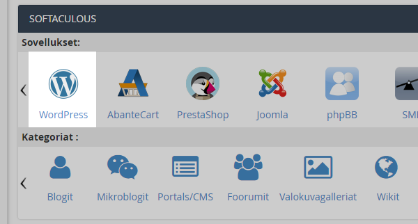 Aloita asennus cPanel-hallinnasta valitsemalla Softaculous Apps Installer-kohdasta "WordPress".