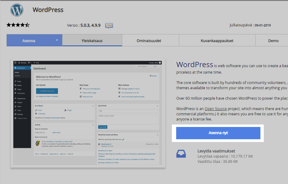 Softaculous-asennusohjelma avautuu. Valitse sitten Asenna nyt aloittaaksesi WordPressin asennuksen.