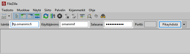 Syötä FTP-ohjelmaan palvelimen osoite, käyttäjätunnus ja salasana.