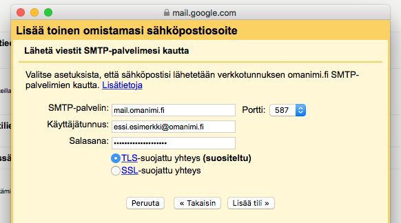 Syötä tähän lähtevän palvelimen osoite mail.omadomain.jotain ja portiksi 587. Korvaa omadomain.jotain omalla verkkotunnuksellasi.