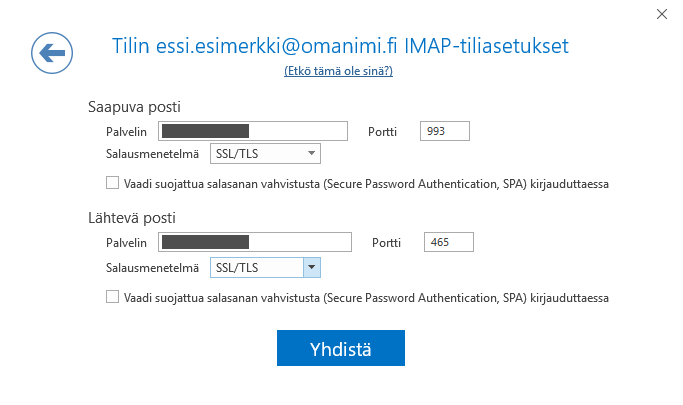 Syötä asetukset. Valitse lopuksi Yhdistä