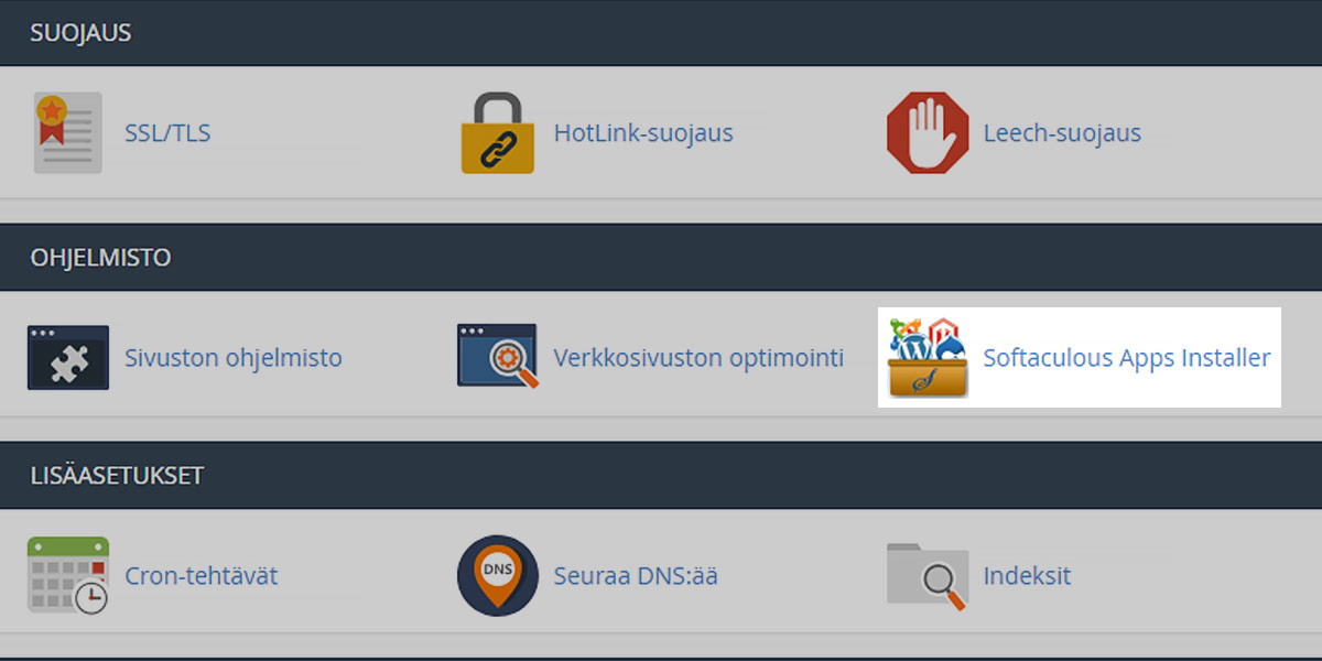 Kirjaudu Softaculous-hallintaan cPanelista kohdasta Softaculous App Installer