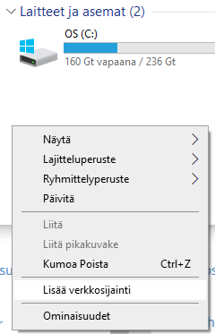 Avaa Oma Tietokone ja paina tyhjään tilaan oikealla hiirennapilla, ja valitse Lisää verkkosijainti.