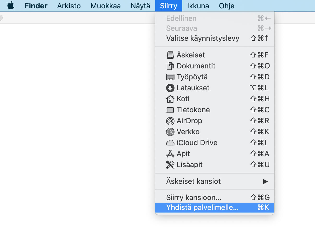 Avaa Finder ja valitse Siirry-valikosta Yhdistä palvelimelle