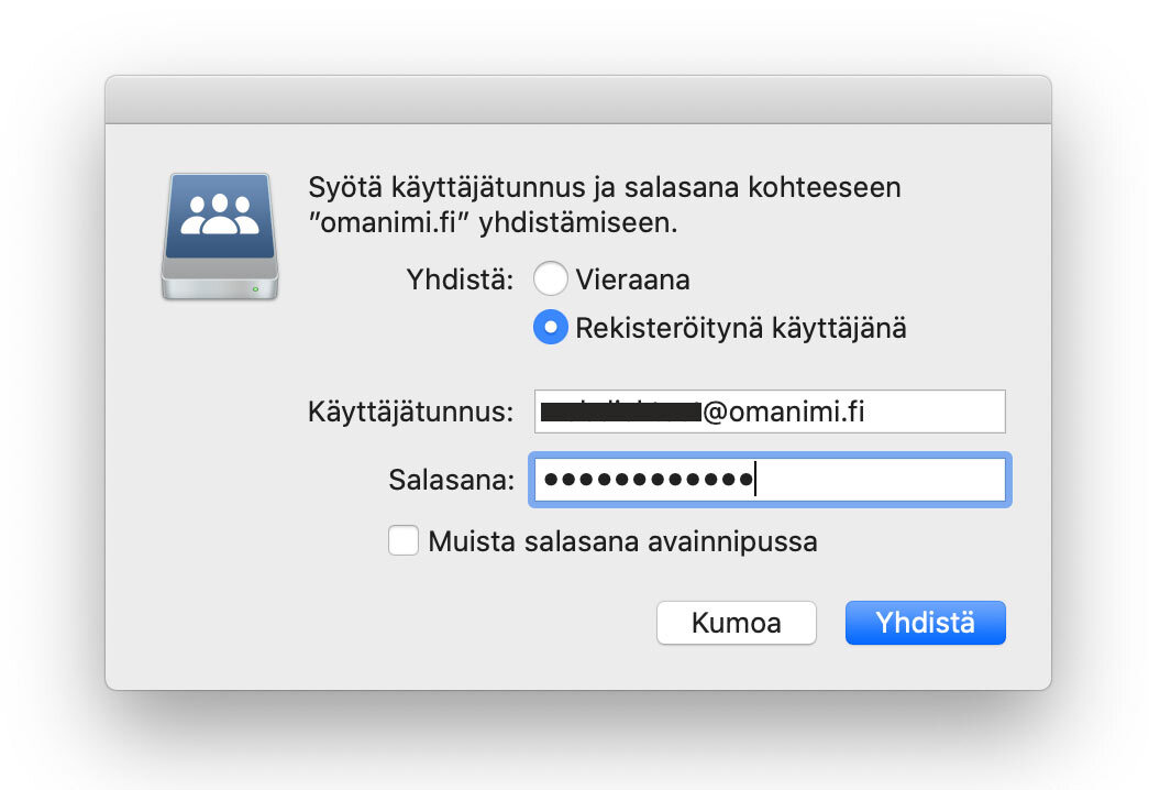 Valitse Rekisteröitynä käyttäjänä ja täytä verkkolevysi tunnukset, ja paina lopuksi Yhdistä.