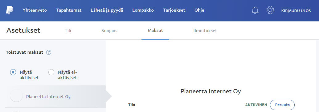  Tila-kohdasta voit valita "Peruuta". Vahvista peruutuksesi niin tämä automaattisesti peruuttaa Paypalin toistuvan maksusuorituksen.