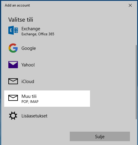 Valitse Muu tili POP, IMAP